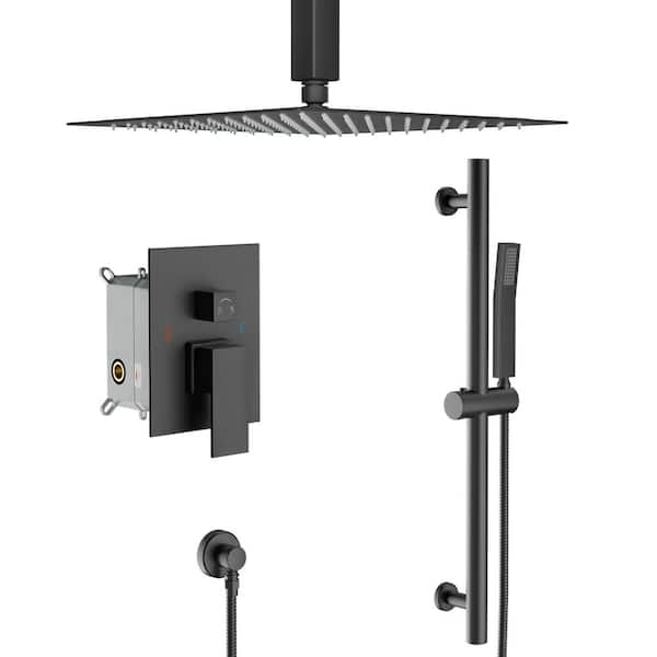 LORDEAR 2-Spray Patterns with 1.8 GPM 16 in. Ceiling Mount Dual Shower Heads in Black