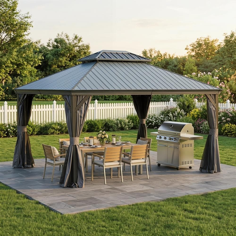 12x14 FT Hardtop Gazebo, Resin Roof, Drainage Gutters, Heavy Duty Pavilion with Curtains and Netting price history on PriceWatchPro