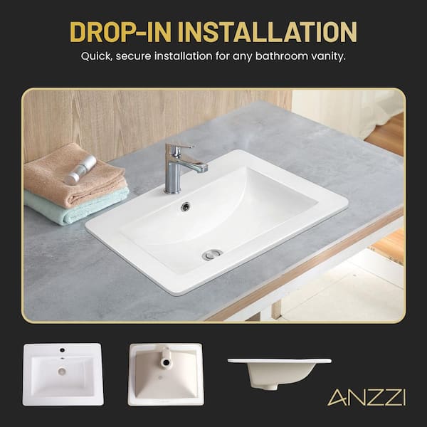 ANZZI Jack Series 21 in. Rectangular Ceramic Drop-In Bathroom Sink