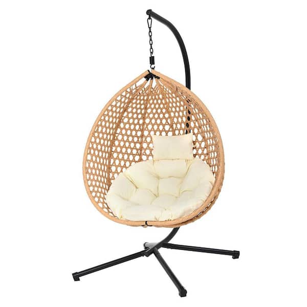 Hanging Egg Chair with Stand, Hammock Chair with Beige Cushion-Outdoor Swing Chair for Patio, Balcony, Garden