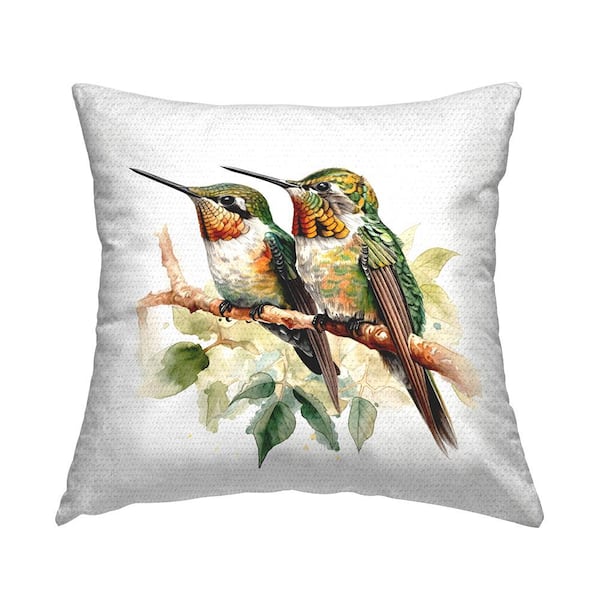 2-Birds on Branch Green Square Outdoor Throw Pillow