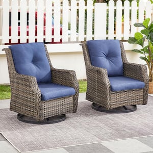 Gray Swivel Glider Wicker Outdoor Rocking Chair with Blue Cushions and Glide Function (2-Pack)