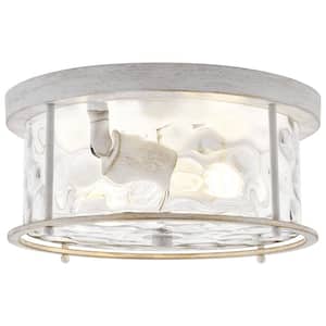 12.5 in. 2-Light White Gold Flush Mount Water Ripple Glass Ceiling Light with Metal Frame