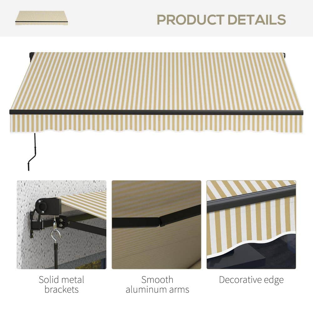 Beige and White Retractable Patio Awning with Manual Crank