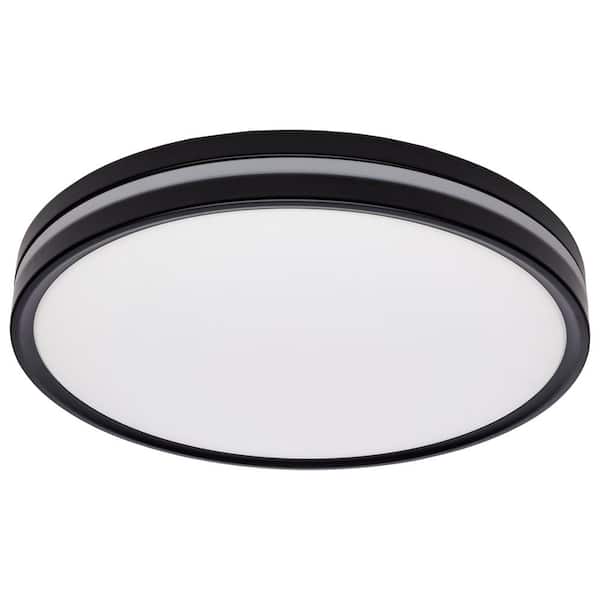 SATCO 14.37 in. Matte Black Contemporary Flush Mount with Nightlight and Frosted White PMMA Shade, Integrated LED