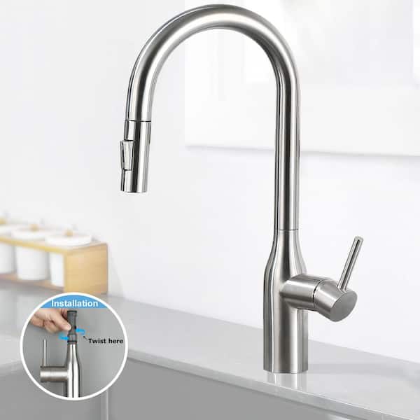 18 in. 2 Spray Mode Single Handle Pull Down Sprayer Kitchen Faucet with Lead-free in Stainless Steel Brushed Nickel