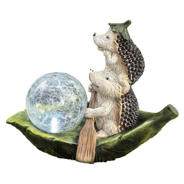 Phewnyzo 3.2 in. x 7.87 in. x 6.49 in. Solar Garden Statue Hedgehog Brothers Rowing Outdoor Garden Decoration Solar Lights