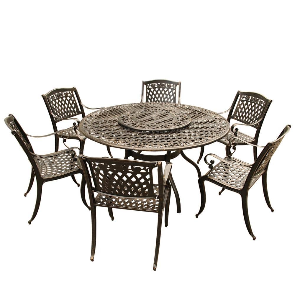 Rose Ornate Traditional 7-Piece Bronze Aluminum Round Outdoor Dining Set wi