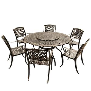 Rose Ornate Traditional 7-Piece Bronze Aluminum Round Outdoor Dining Set with 6-Chairs and Lazy Susan