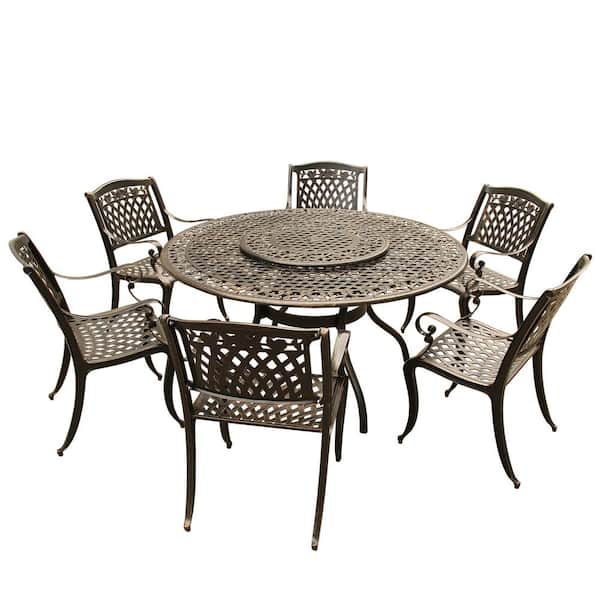 Unbranded Rose Ornate Traditional 7-Piece Bronze Aluminum Round Outdoor Dining Set with 6-Chairs and Lazy Susan