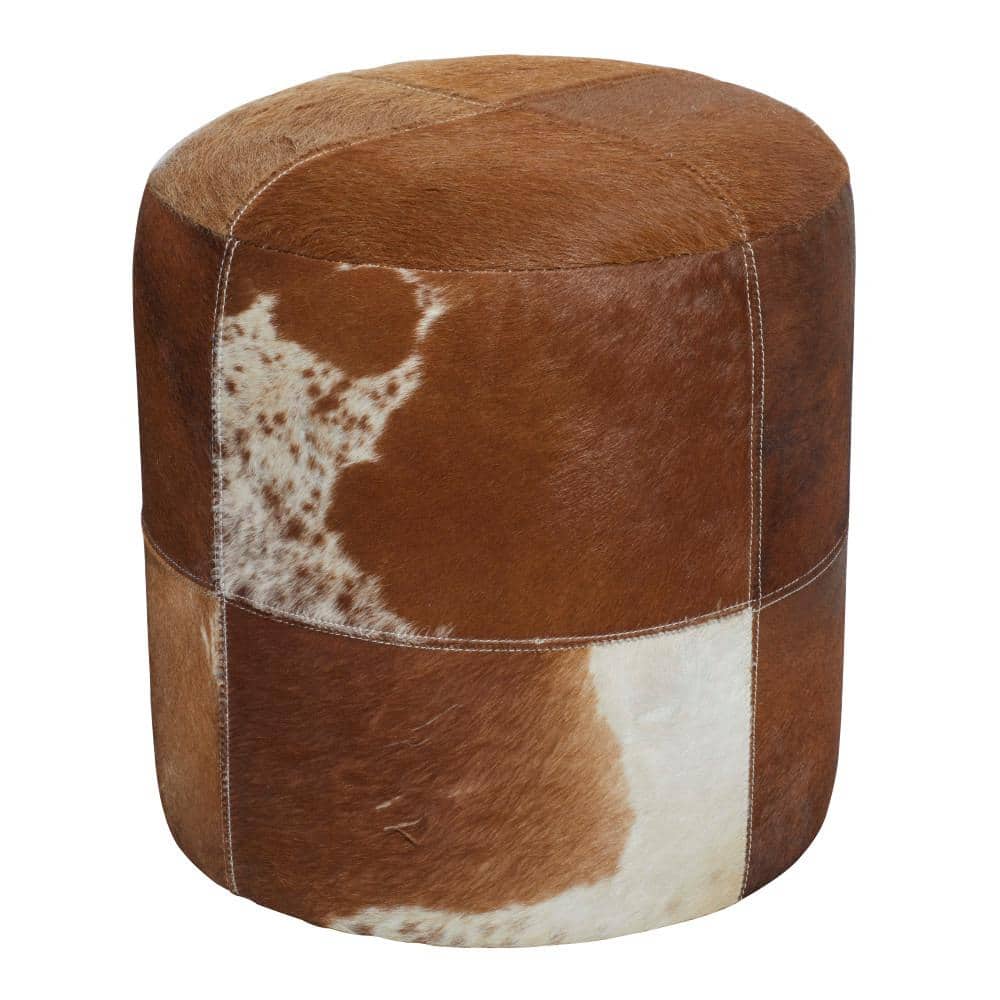 Handmade Patchwork Leather Cylinder Ottoman in Brown - 16" x 16" x 16"