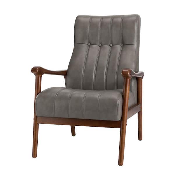JAYDEN CREATION Raffaele Grey Square Vegan Leather Armchair with Solid Wood Legs