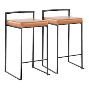 Fuji 31 in. Camel Faux Leather and Black Metal Counter Height Bar Stool (Set of 2)