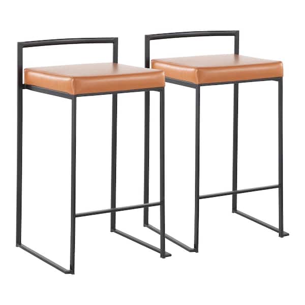 Lumisource Fuji 31 in. Camel Faux Leather and Black Metal Counter Height Bar Stool (Set of 2)