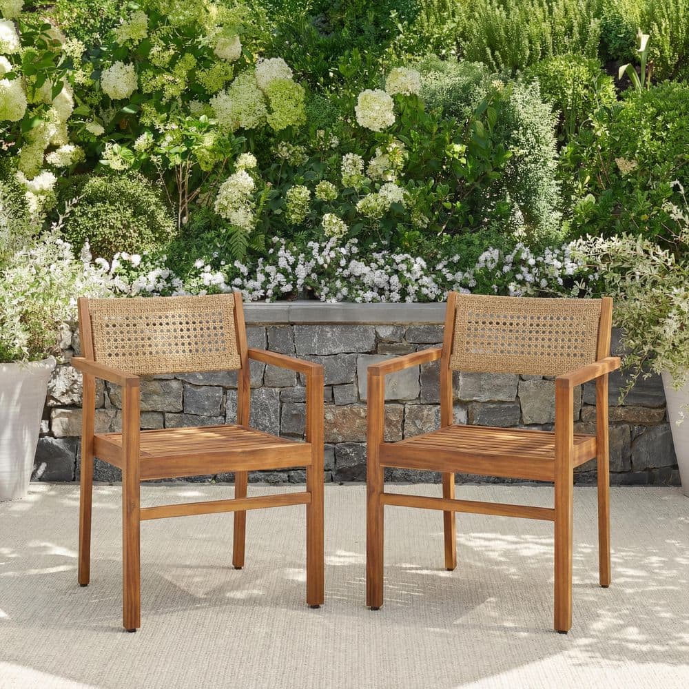 Maria Teak Finish Solid Wood Patio Outdoor Dining Chairs with Wicker Back, Set of 2 price history on PriceWatchPro