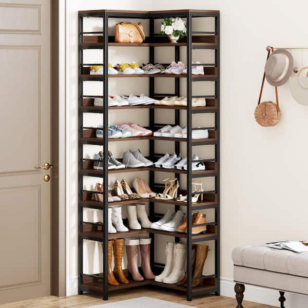 Lauren Rustic Brown 79 in. H Shoe Storage Cabinet, 9-Tier Corner Shoe Rack, Tall Vertical Shoe Rack Organizer Entryway