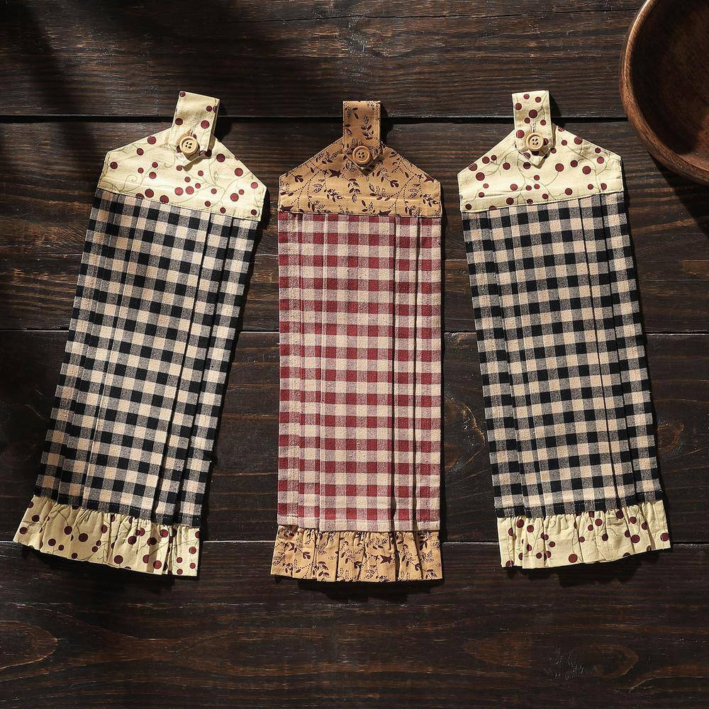 Rustic Checkered Cotton Button Loop Kitchen Towel Set of 3