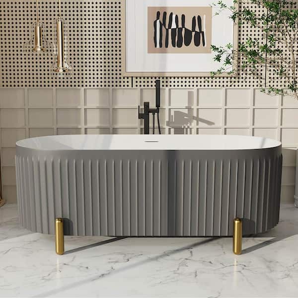 BTCSTAR 67 in. x 31 in. Freestanding Double Slipper Soaking Bathtub with Center Drain in 37-Shades of Grey Acrylic