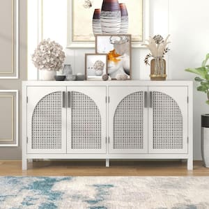 White Wood 58.1 in. Sideboard with Adjustable Shelves and Hollow-out Rattan Doors