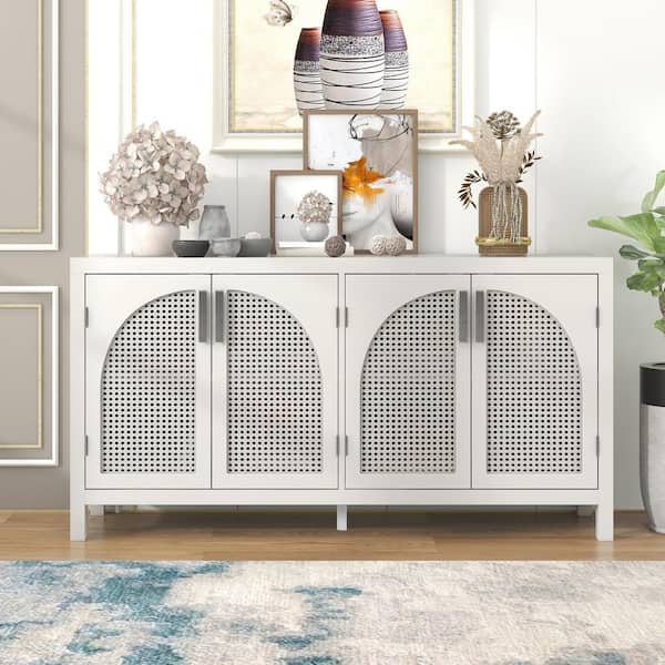 Harper & Bright Designs White Wood 58.1 in. Sideboard with Adjustable Shelves and Hollow-out Rattan Doors