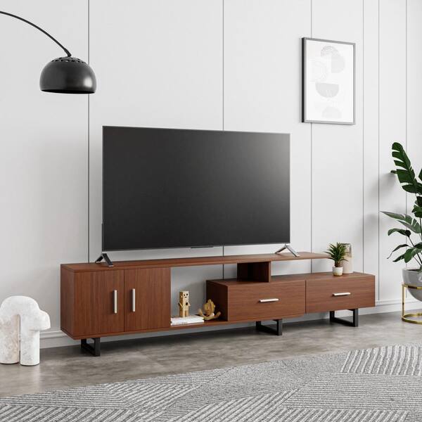 Mid-Century Modern TV Stand For Up To 65 Inch TVs – Fluted Design, Storage Cabinets & Shelves, Walnut Finish