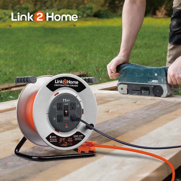 Link2Home Contractor Grade Metal Cord Reel 75 ft. Extension Cord 4 Power Outlets