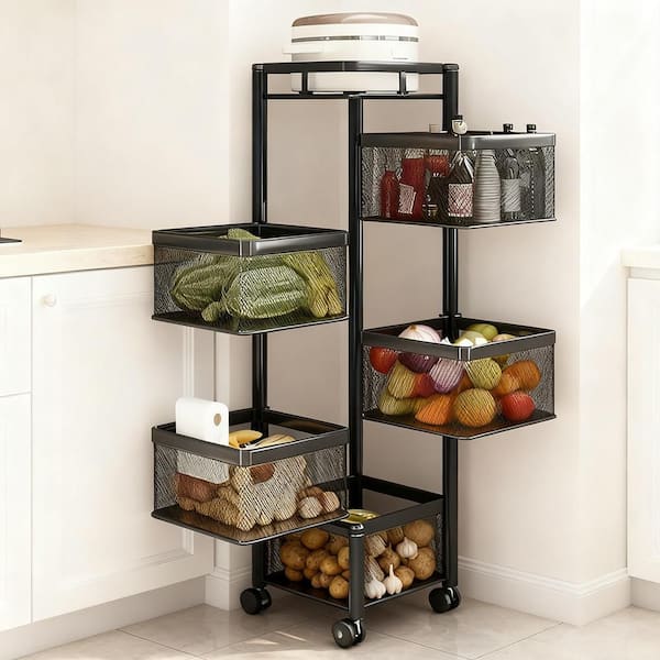 5-Tier Rotating Kitchen Storage Shelf-Metal Fruit Veggie Basket, Wheelable Trolley