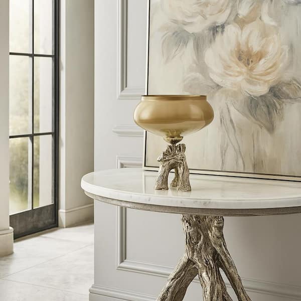 Beige 13 in. Tall Handmade Aluminum Metal and Glass Artistic Round Bowl