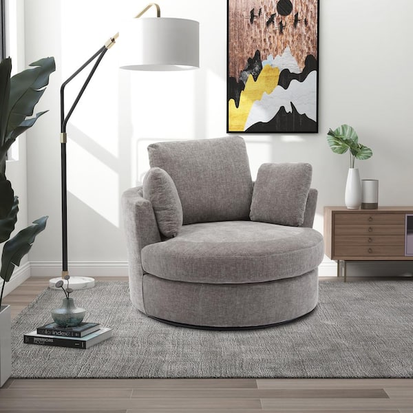 42.2 in. W Gray Chenille Swivel Accent Barrel Chair Oversized Arm 