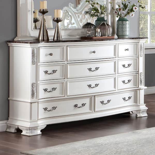 Furniture of America Florince Pearl White 11-Drawer 68 in. W. Dresser With Geunine Marble Top