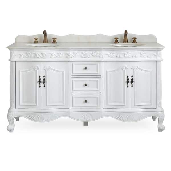 Beckham 64 in. W x 22 in. D x 36 in. H Double Sink Bathroom Vanity in Antique White with White Marble top