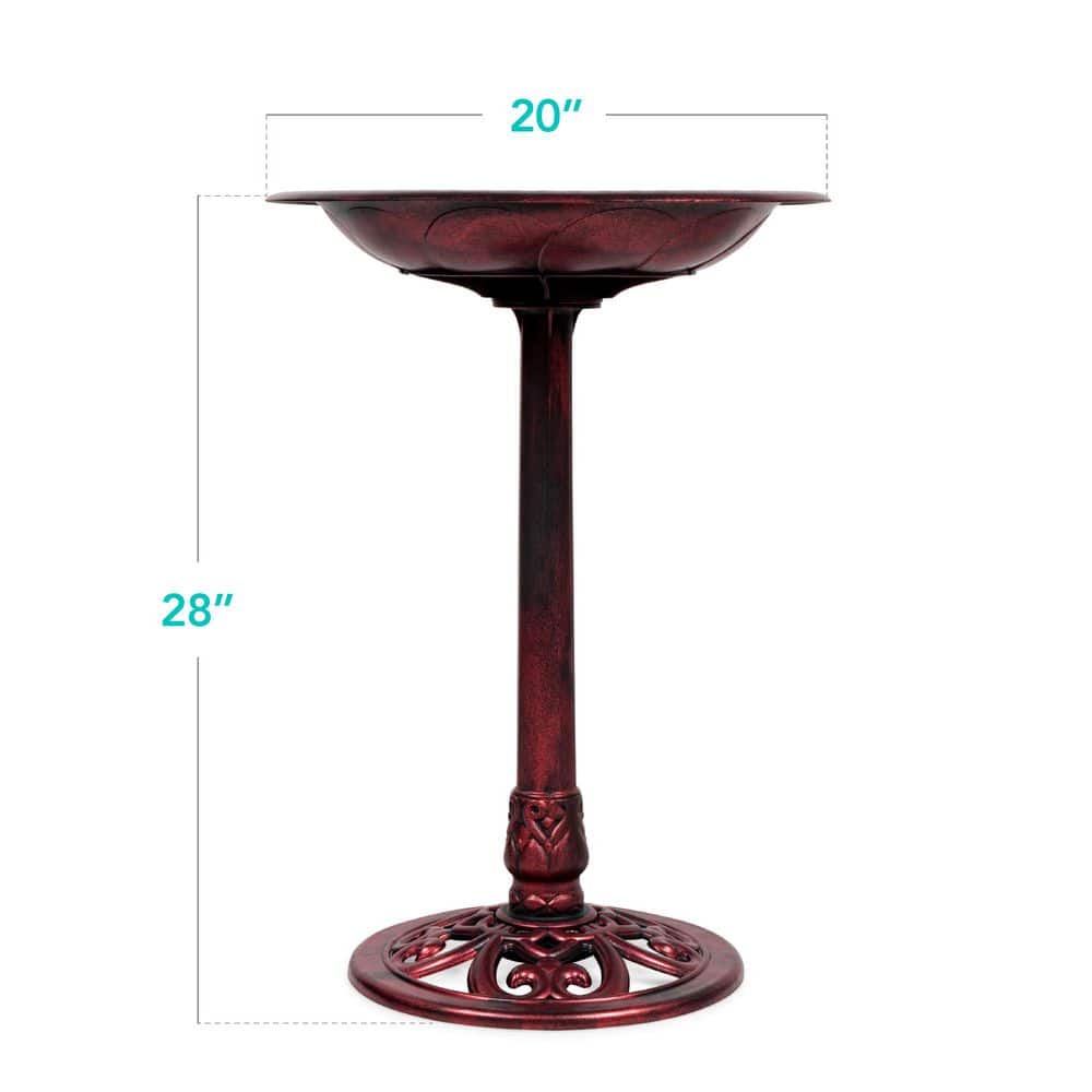 Cherry Red Rustic Polyresin Pedestal Bird Bath with Fleur-de-Lis Accents