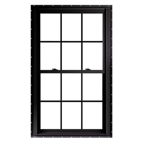 35.75 in. x 60 in. 70 Series Low-E Argon Glass Double Hung No J Black Vinyl Fin Window with Grids, Screen Included