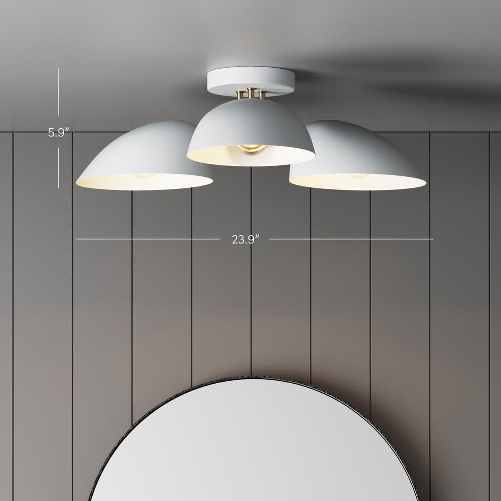 White and Brass 3-Light Semi Flush Ceiling Mount Fixture