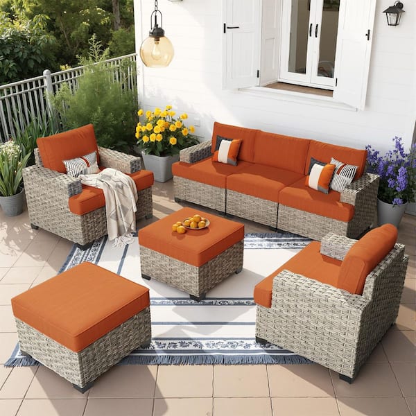 Kairos 7-Pieces Wicker Outdoor Patio Conversation Seating Set with Orange Red Cushions