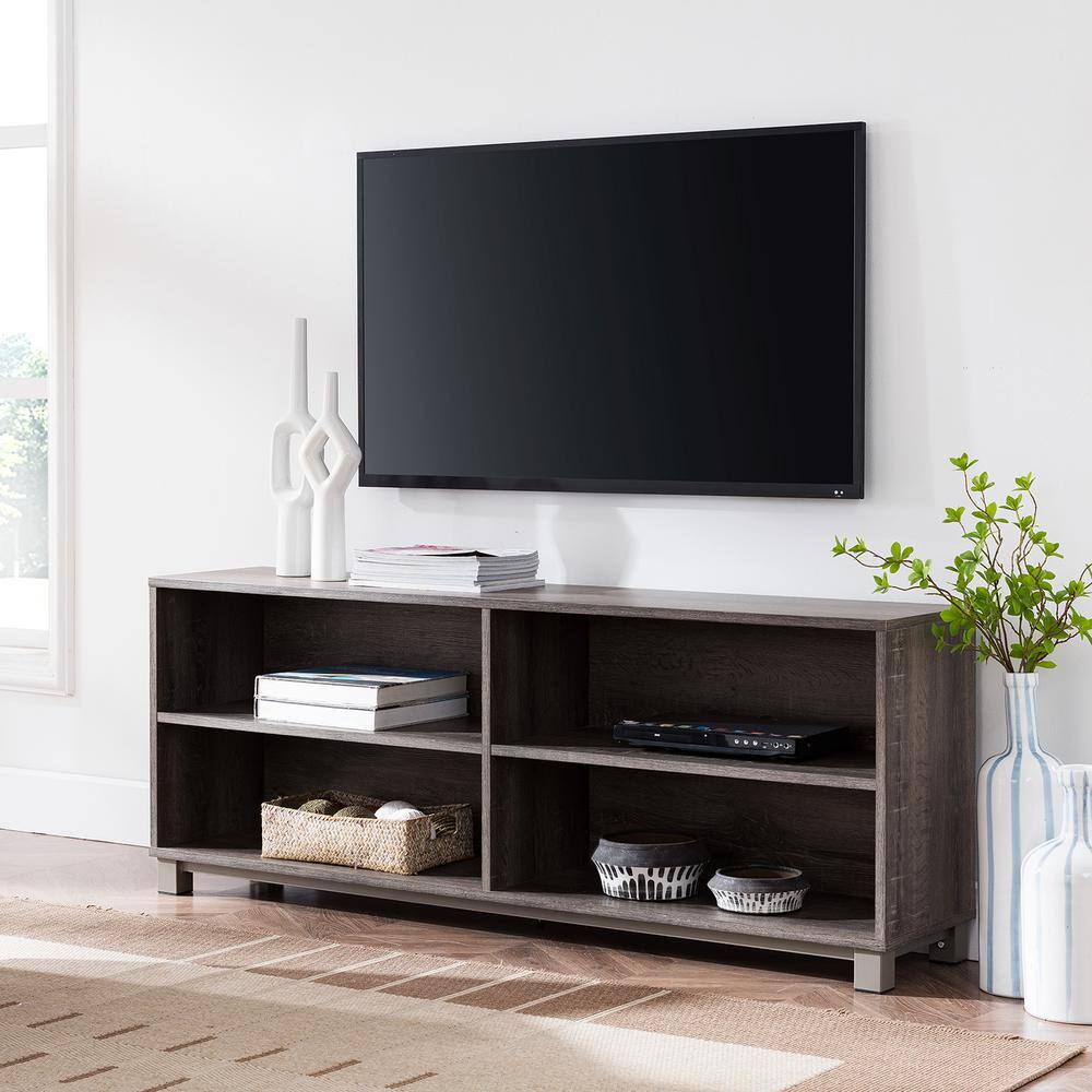 Southern Enterprises Jodie 62 in. Gray Washed Burnt Oak Wood TV Stand Fits TVs Up to 60 in. with