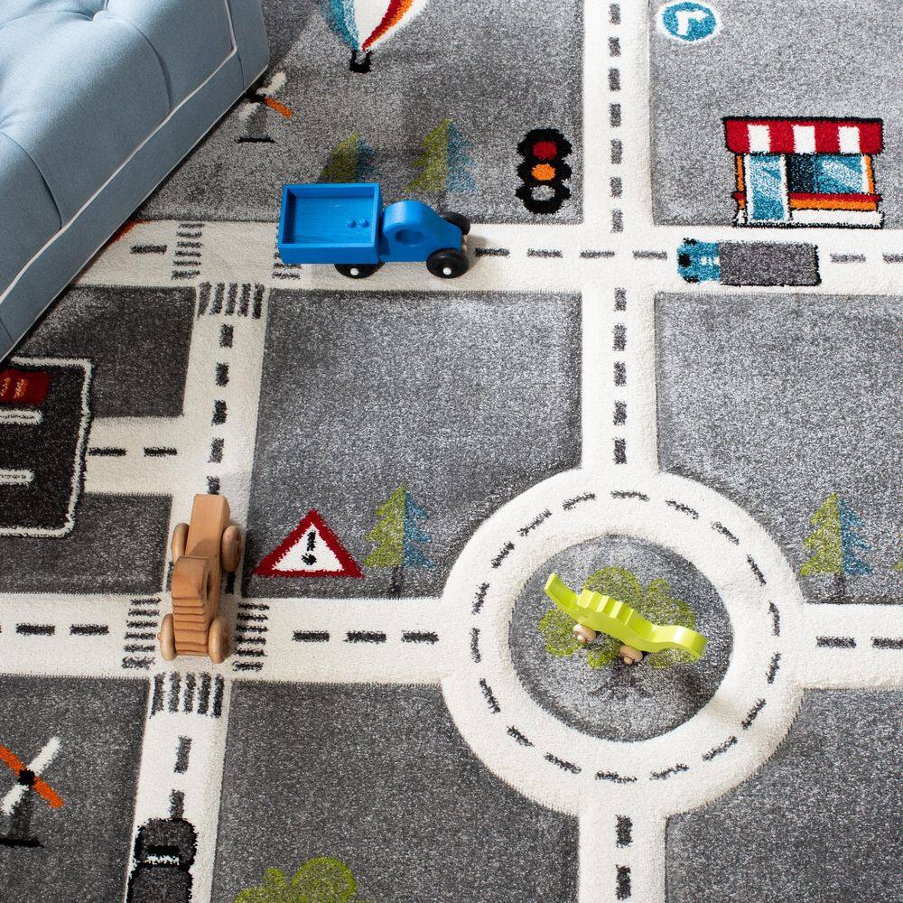 Grey and Ivory Kids Play Area Rug with Road Map Design