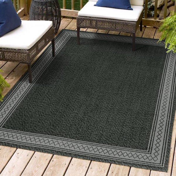 Lucia Classic Diamond Border Black/Gray 8 ft. x 10 ft. Indoor/Outdoor Area Rug
