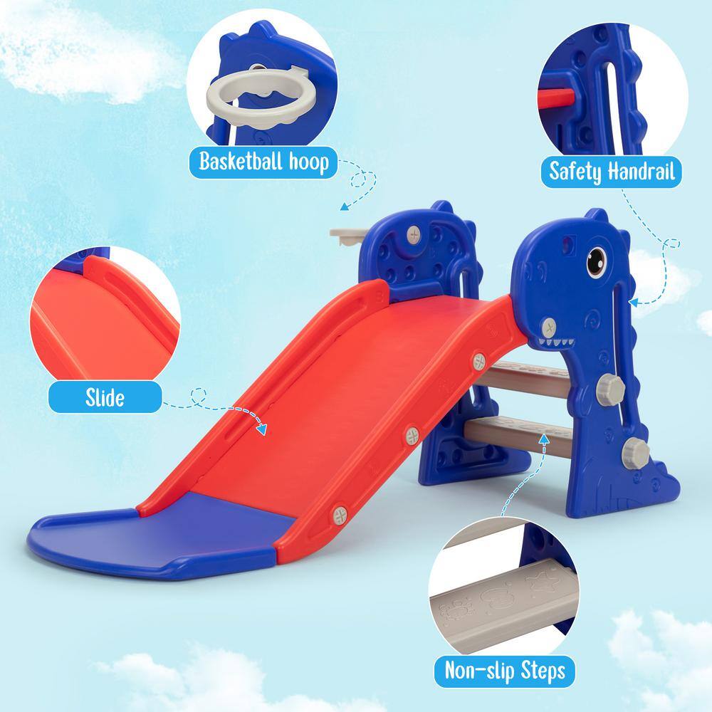 Blue and Red Dinosaur 3-in-1 Toddler Slide with Ladder and Hoop
