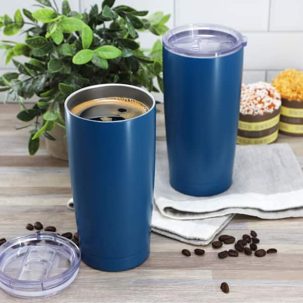 Marina 4 Piece 18 Ounce Double Wall Stainless Steel Thermal Tumbler Beverage Mug Set with Acrylic Lid in Matte Blue