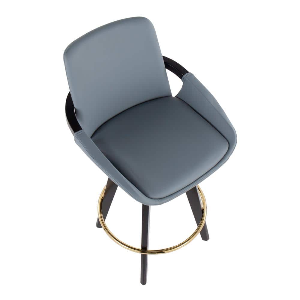 Set of 2 Black and Gray Faux Leather Swivel Barstools with Gold Footrest