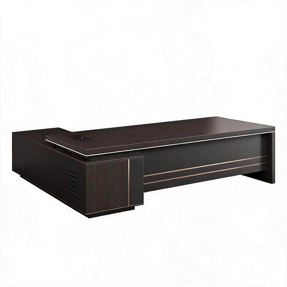 79 in. L-Shape Obsidian Grey Wood 2-Drawer Executive Desk with Storage Shelves, CPU Compartment, and Aluminum Trim