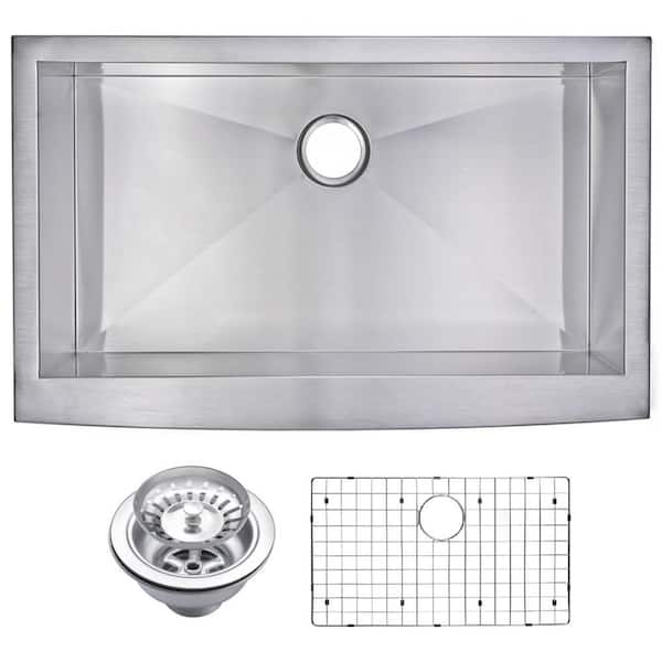 Water Creation Farmhouse Apron Front Stainless Steel 36 in. Single Bowl Kitchen Sink with Strainer and Grid in Satin