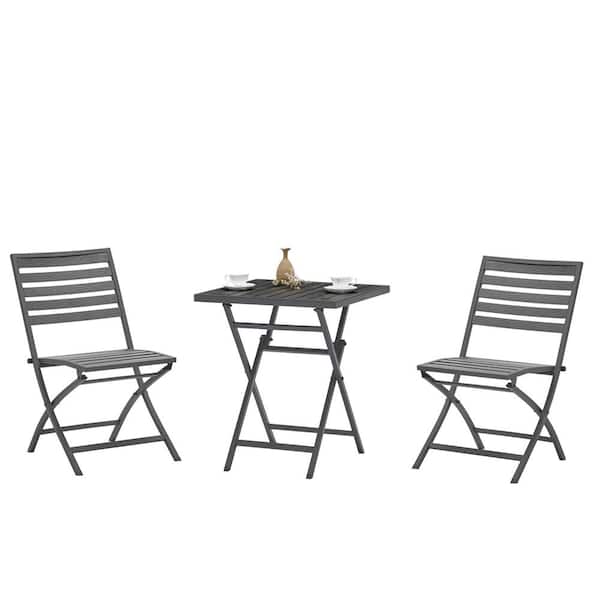 waelph 3-Piece Gray Plastic Wood Folding Patio Conversation Set with 2-Chairs and 1 Table