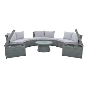10-Piece Wicker Outdoor Half Round Sofa Sectional Set with Gray Cushions