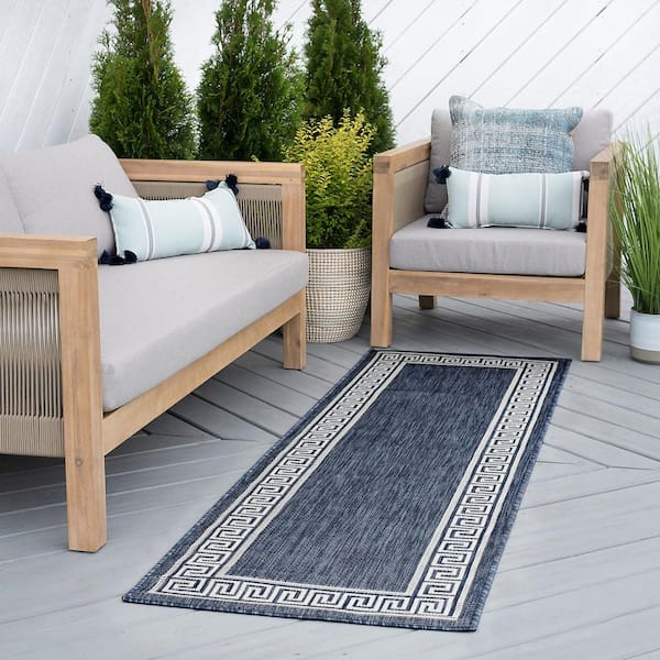 Eco Greek Key Navy 2 ft. x 8 ft. Indoor/Outdoor Runner Rug