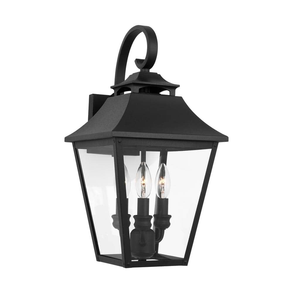 Textured Black 3-Light Outdoor Wall Lantern with Clear Seeded Glass