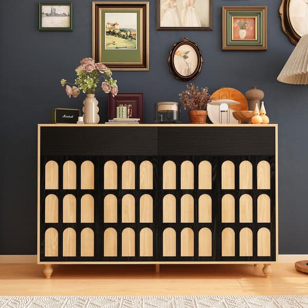 FUFU&GAGA Black and Brown Wood 59 in. W Elegant Sideboard Kitchen Cabinet Cupboard with Push-to-Open Doors, Drawers