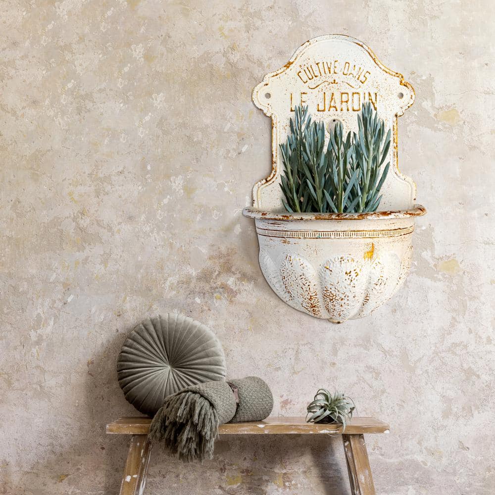 Distressed White Metal Wall-Mounted Planter with Gold Accents