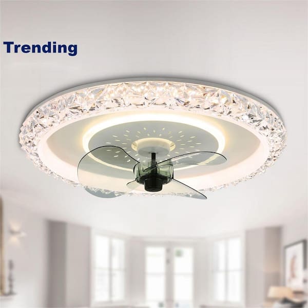 Oaks Aura 20 in. LED Indoor White Glam Crystal Low Profile Ceiling Fan with Light, 6- Speed Flush Mount Ceiling Fan with Remote